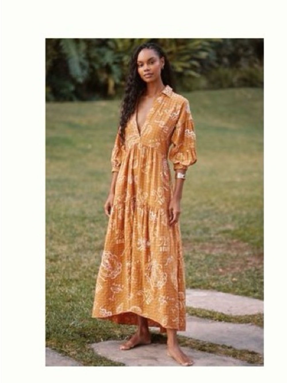 Anthropologie Golden Mustard Floral Tiered Maxi Dress